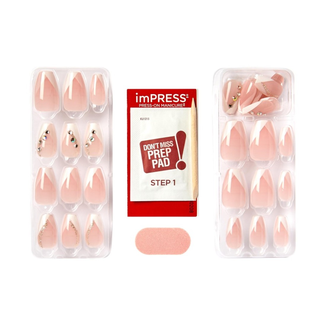 KISS imPRESS No Glue Mani PressOn Nails French Glimpse Light Neutral White Tip French Medium Size Coffin Shape Includes 30 Nails Prep Pad Instructions Sheet 1 Manicure Stick 1 Mini File