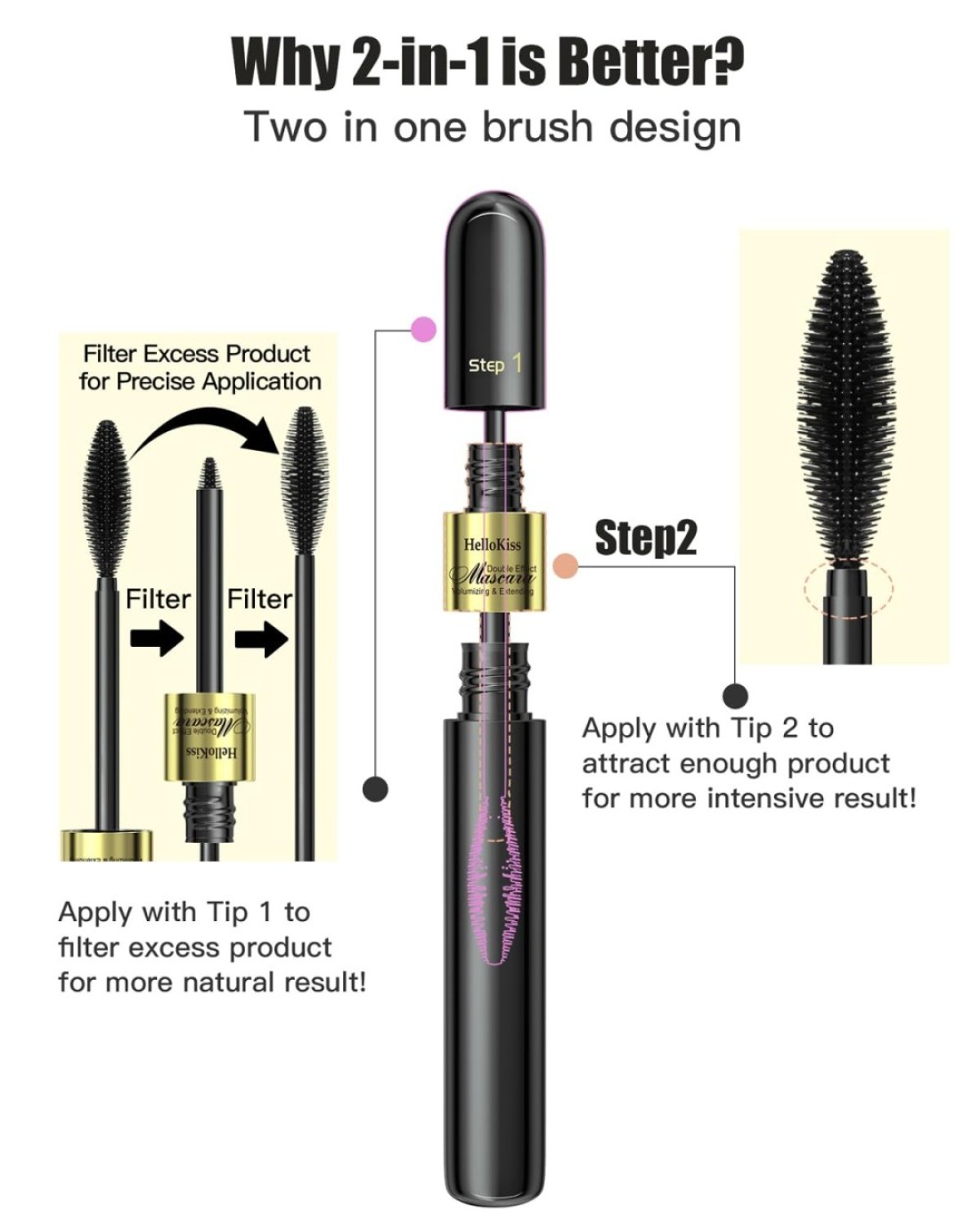2in1 Vibely Mascara 5X Longer Lengthening And Thickening Mascara Waterproof Black Volume And Lengh Mascara SmudgeProof Non Clumping Long Lasting Eye Makeup