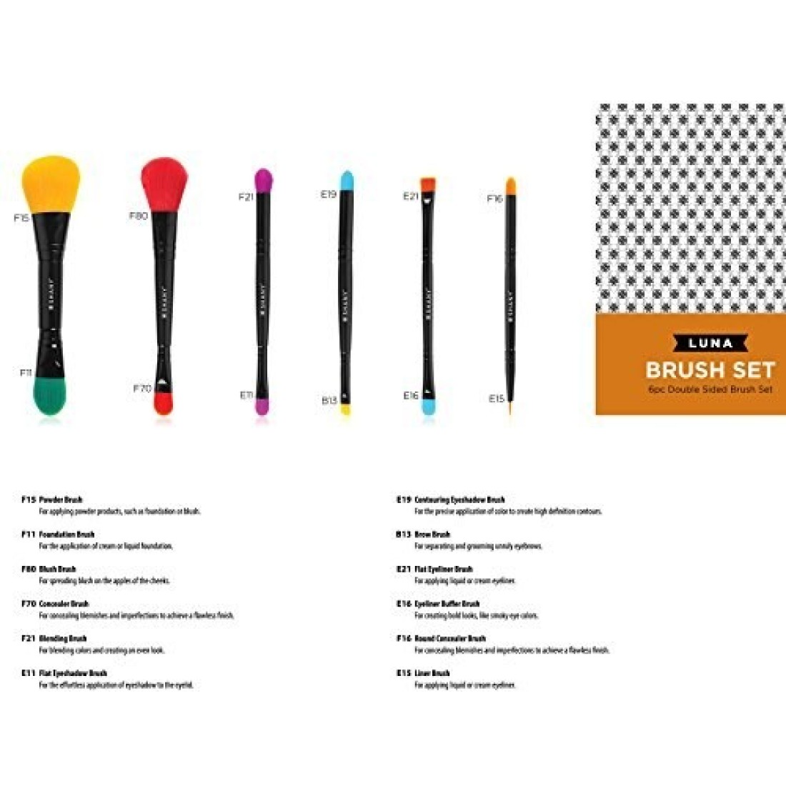 SHANYVegan Makeup Brushes LUNA 6 PC Double Sided Travel Make up Brushes with 12 unique Bristles with Brush storage Pouch Synthetic