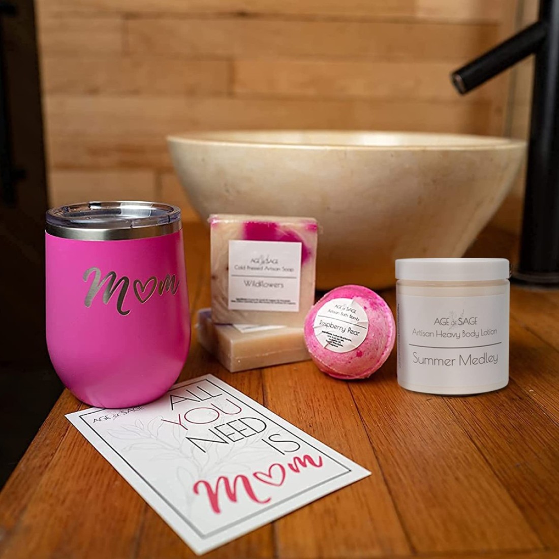 Spa Gift Box for Women Self Care Spa Gift Set Mom Spa Gift Basket Ideal Gift for Mothers Day Spa Kit with Artisan Soaps Lotion Bath Bomb Tumbler and Mom Greeting Card by Age of Sage