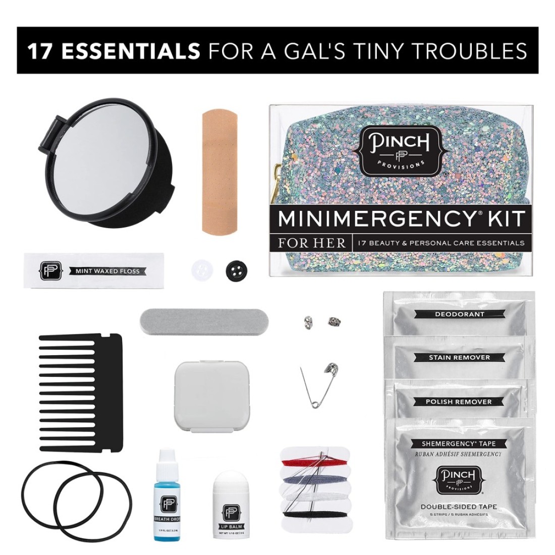 Pinch Provisions Moonstone Glitter Minimergency Kit Includes 17 TravelSized Cosmetic Essentials Convenient for Purses Emergency Beauty Accessories Gifts for Holidays Birthdays