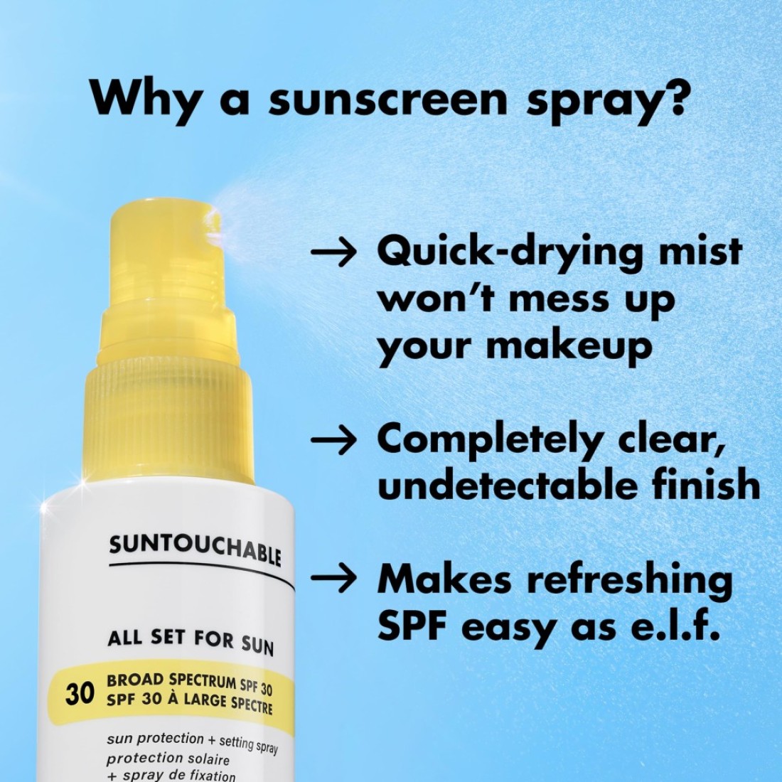 elf SKIN All Set For Sun SPF 45 Setting Spray With SPF 45 For LongLasting Makeup Weightless NonGreasy Formula Vegan CrueltyFree Packaging May Vary