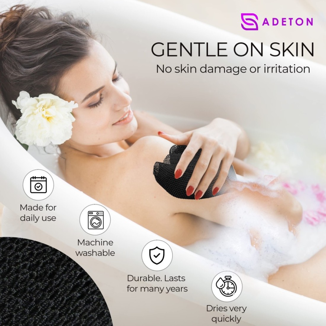 Adeton African Net Sponge Authentic Real Black Owned Exfoliating Bath Wash Cloth Long Sponge Body Exfoliator Sapo Shower Bath Accessories Back Foot Scalp Scrub Flat Dead Skin Remover Black