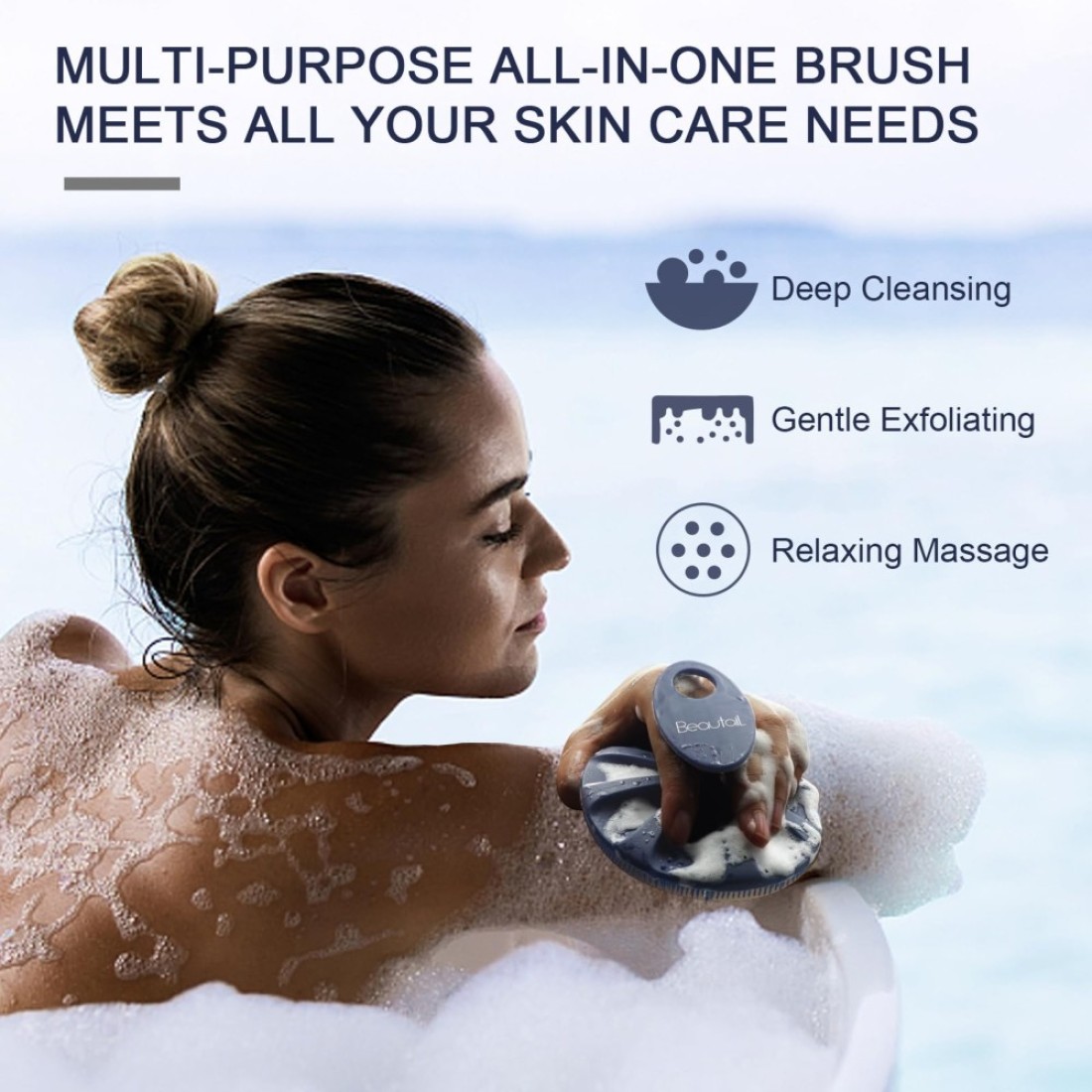 BEAUTAIL Silicone Body Scrubber Shower Bath Wash Brush Gentle Exfoliating Scrub Cleansing Loofah for Women Men Baby Sensitive Skin Easy to Clean Lather Nicely More Hygienic 1 Pack Blue