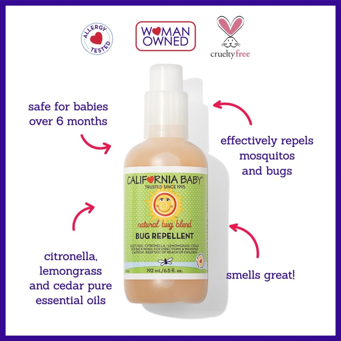 California Baby Natural Bug Repellent Spray Citronella Lemongrass Bug Spray DEETFree Repels Mosquitoes Allergy Friendly Great Smell Baby Adult Insect Repellent Spray 192 mL 65oz