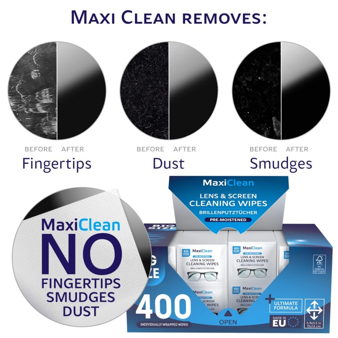 Glasses Wipes Lens Cleaner Lens Wipes for Eyeglasses 400 Premoistened Individually Wrapped Wipes for Eye Glasses Electronics Phone Computer Laptop Screen Camera Lens Cleaner Made in EU