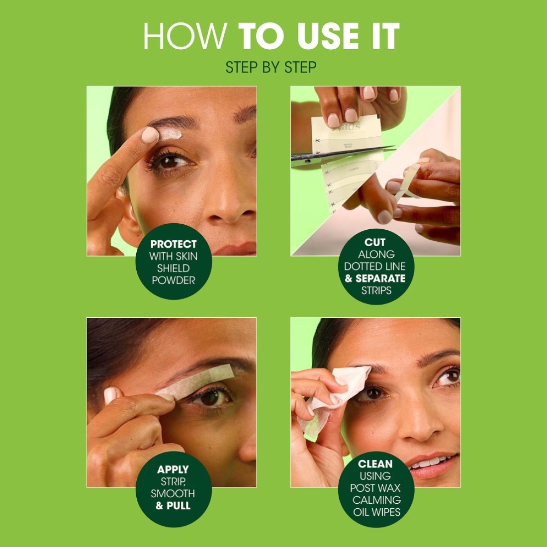 Nads Eyebrow Wax Strips Facial Hair Removal for Women Eyebrow Wax Kit with 6 Eyebrow Waxing Strips 6 Calming Oil Wipes 2g Skin Protection Powder 1 Count