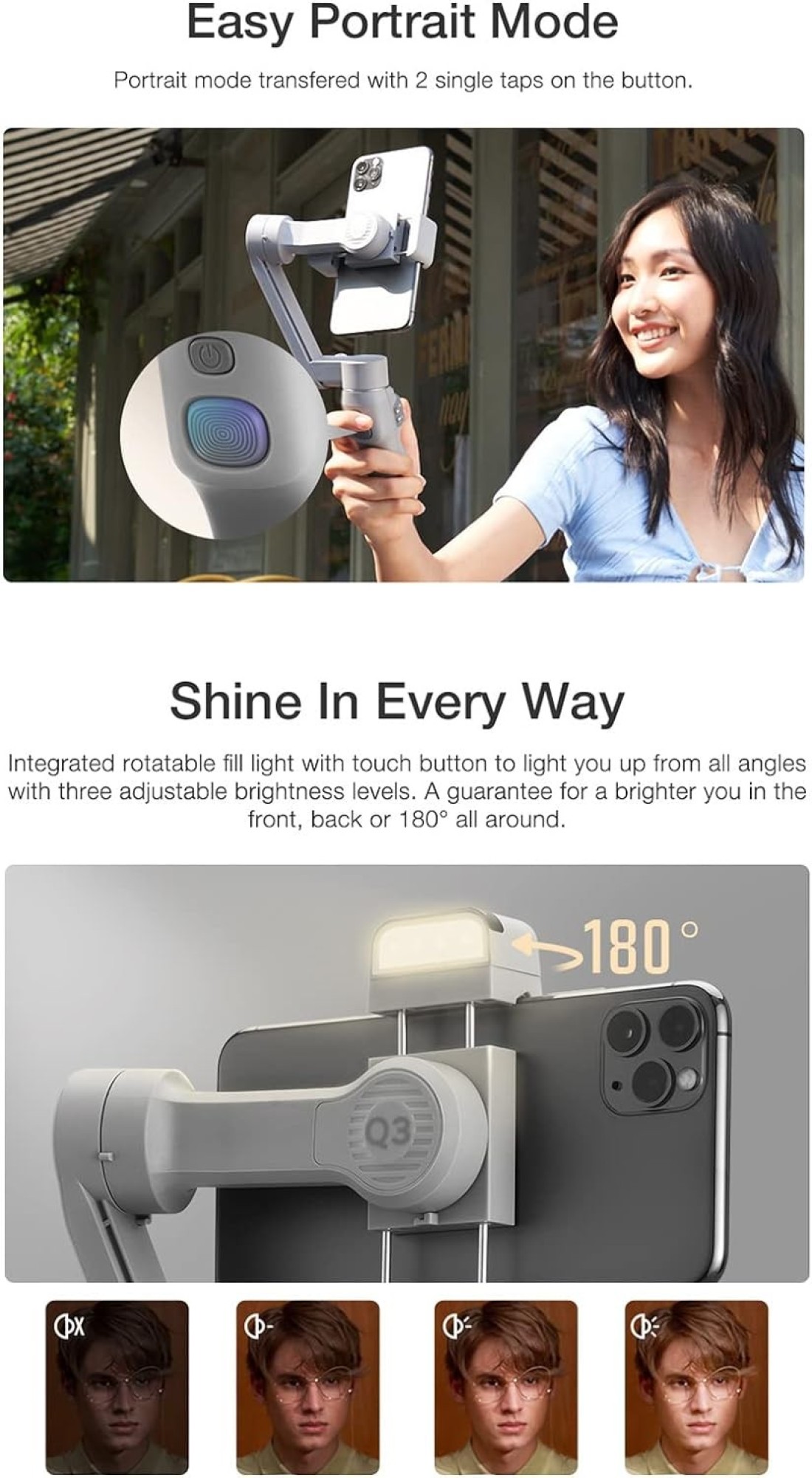 Zhiyun Smooth-Q3 Handheld 3-Axis Smartphone Gimbal Stabilizer Portable Phone Vlog Gimbal Max, 280G Payload Built-In Battery Led Fill Light Supports Gesture Control Ultra Wide Angle Zoom Smartfollow