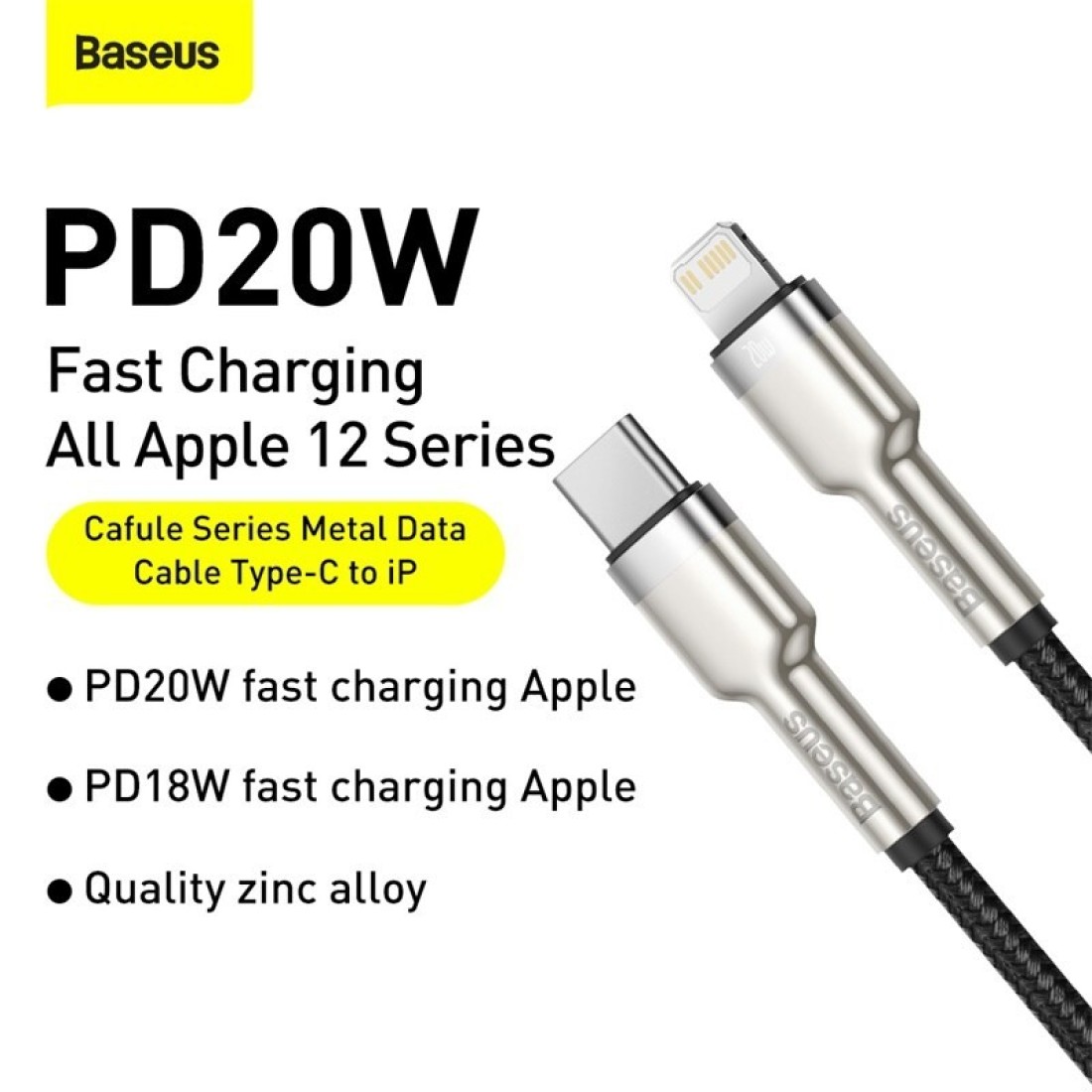 Baseus USB-C to Lightning Fast Charging Data Transfer Cable Type-C PD 20W Cafule Series Fast Power Delivery 2m Black