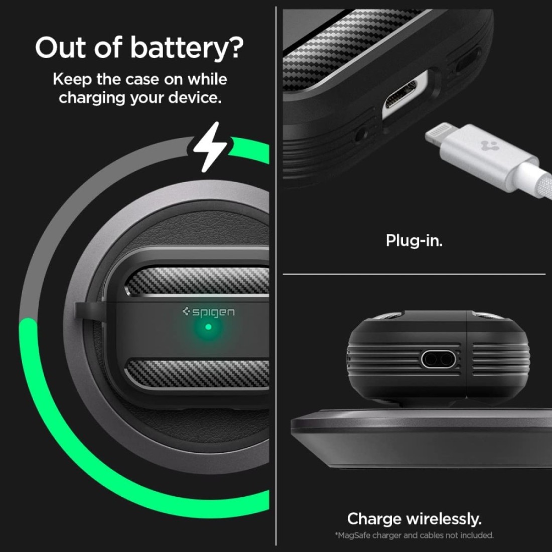 Spigen Rugged Armor designed for Airpods Pro 2nd Generation case (2022) Airpods Pro 2 case cover with Carabiner - Matte Black