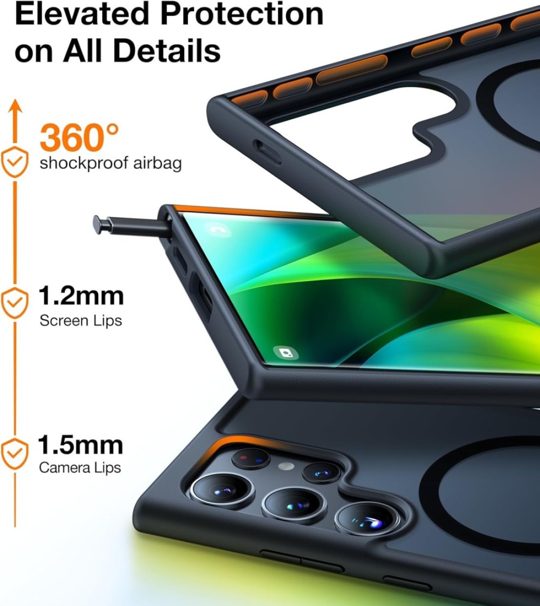Torras Guardian Magnetic Designed for Samsung Galaxy S24 Ultra Case 6.8&quot;, Compatible with MagSafe, Military Grade Drop Tested Translucent Hard Back Soft Edge Slim Protective Case, Black