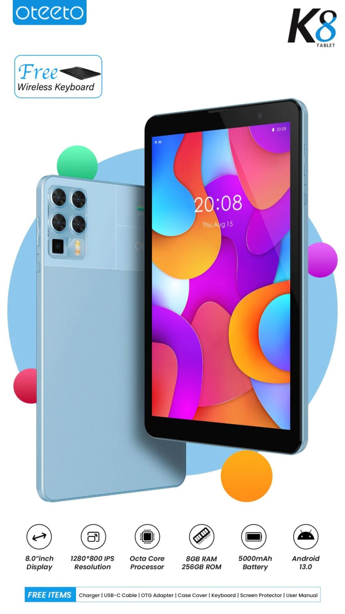 تابلت Oteeto Tab8/K8 5G 5G بشاشة عرض 8 بوصة وذاكرة وصول عشوائي 8 جيجابايت وذاكرة وصول عشوائي 256 جيجابايت وبطارية 5000 مللي أمبير في الساعة (أزرق) مع لوحة مفاتيح