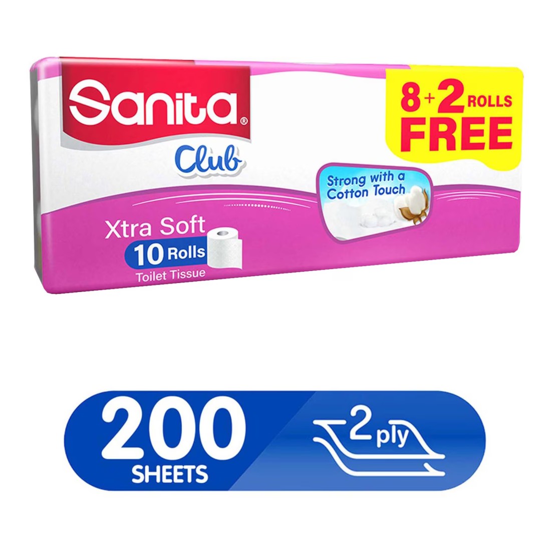 Sanita Club Extra Soft Toilet Paper Rolls 2 Ply 200 Sheet 11.2x9.6cm 22.4m 10 Rolls