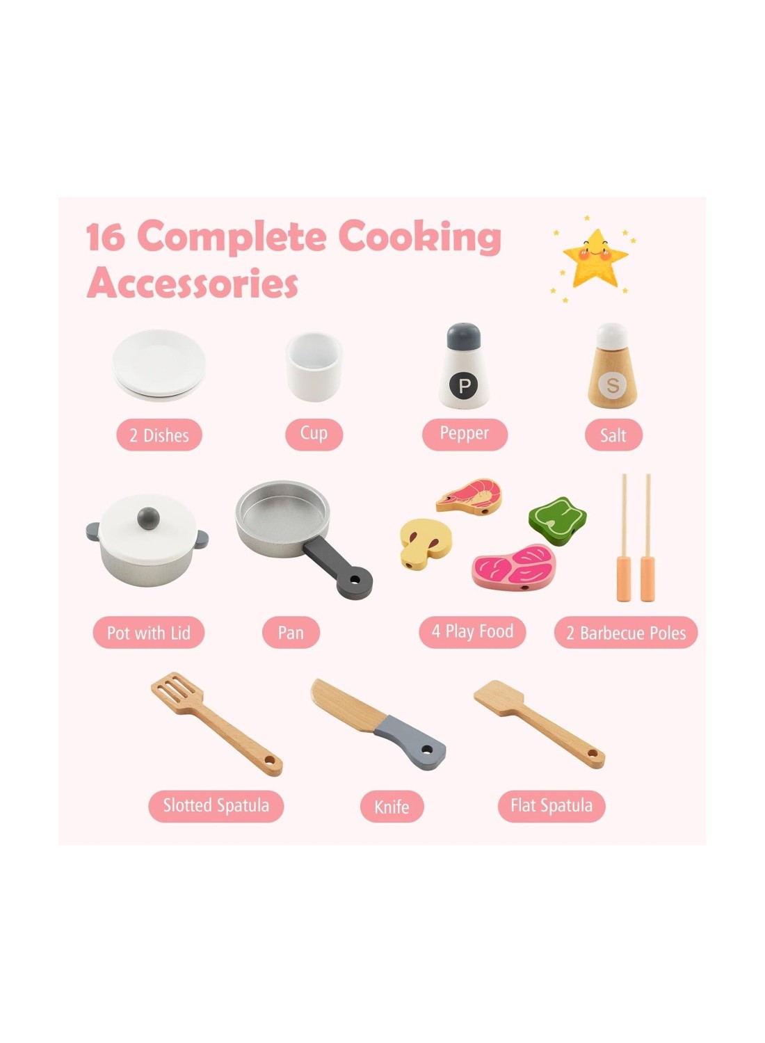 3-in-1 Wooden Kids Kitchen Playset &ndash; Natural Pretend Toy Kitchen with Refrigerator, Barbecue Grill, Range Hood, and Bowl Rack for Toddlers Little Chef Play Set