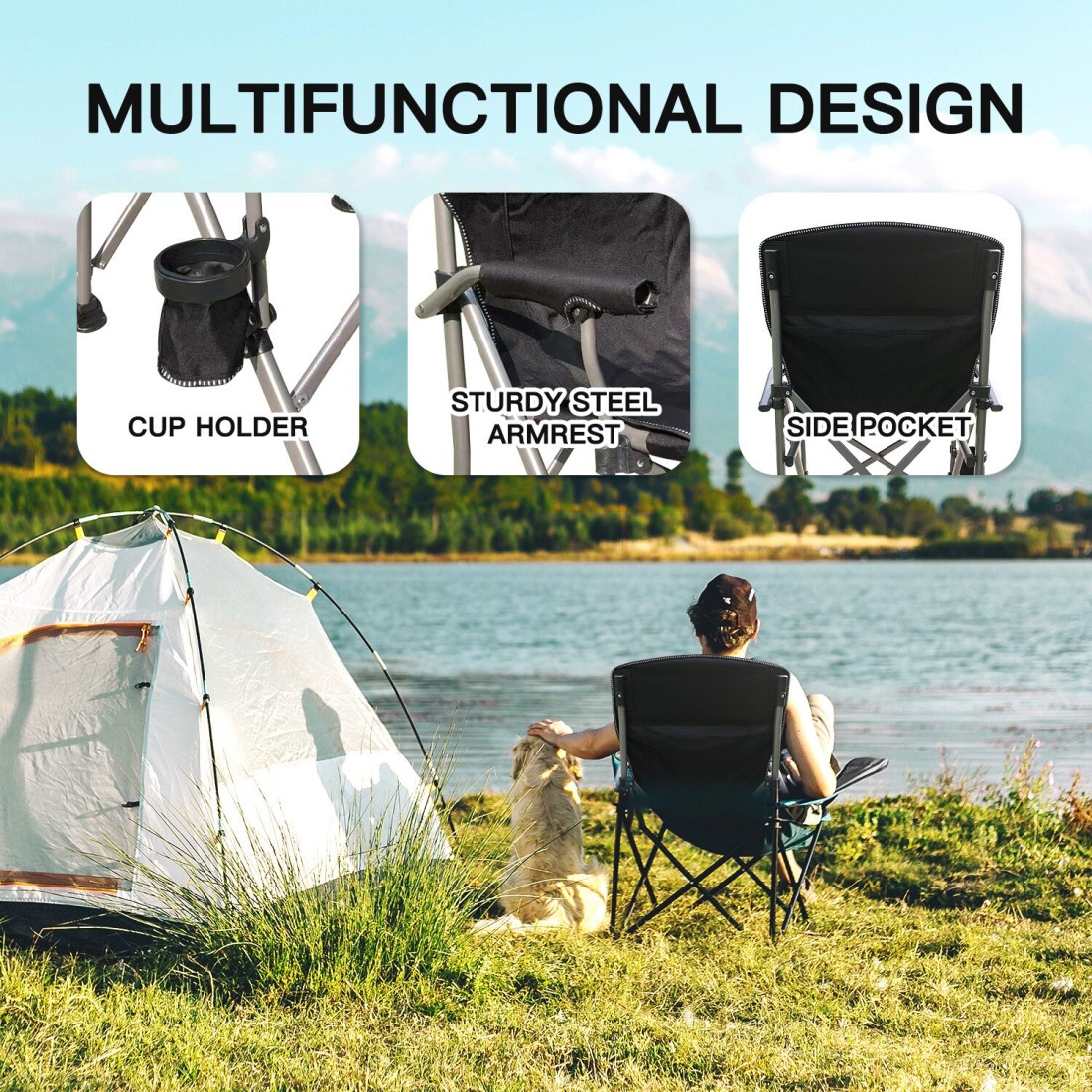 Foldable Camping Chair with Ergonomic High Back, Cup Holder, Adjustable Feet, and Storage Bag &ndash; Heavy-Duty Portable Outdoor Chair for Camping, Beach, Fishing, and Picnics - Blue/Black