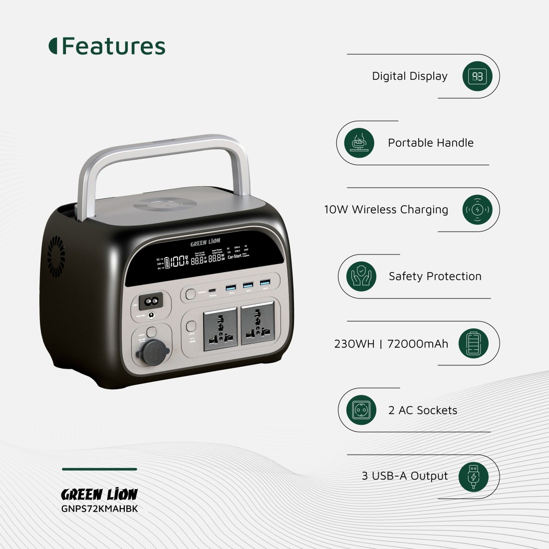 محطة طاقة محمولة جرين لايون 72000mAh، بطارية 230Wh، طاقة 500-600W، مخرجات AC، USB-A، Type-C، شحن لاسلكي، ضوء LED، أسود
