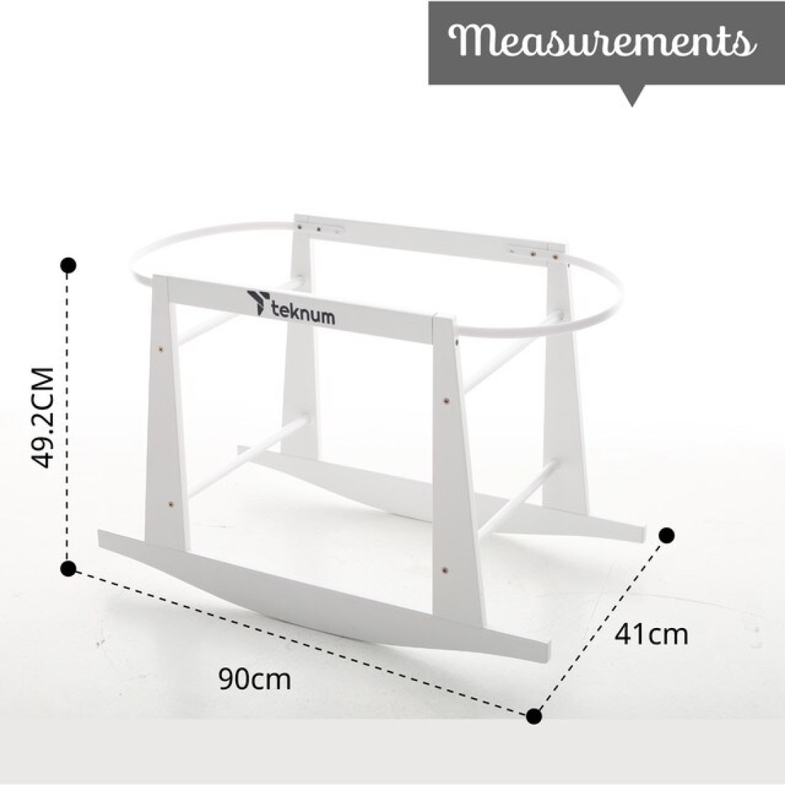 Teknum Infant Wicker Pod Moses Basket with White Waffle Beddings &amp; White Rocker Stand - Wooden Grey