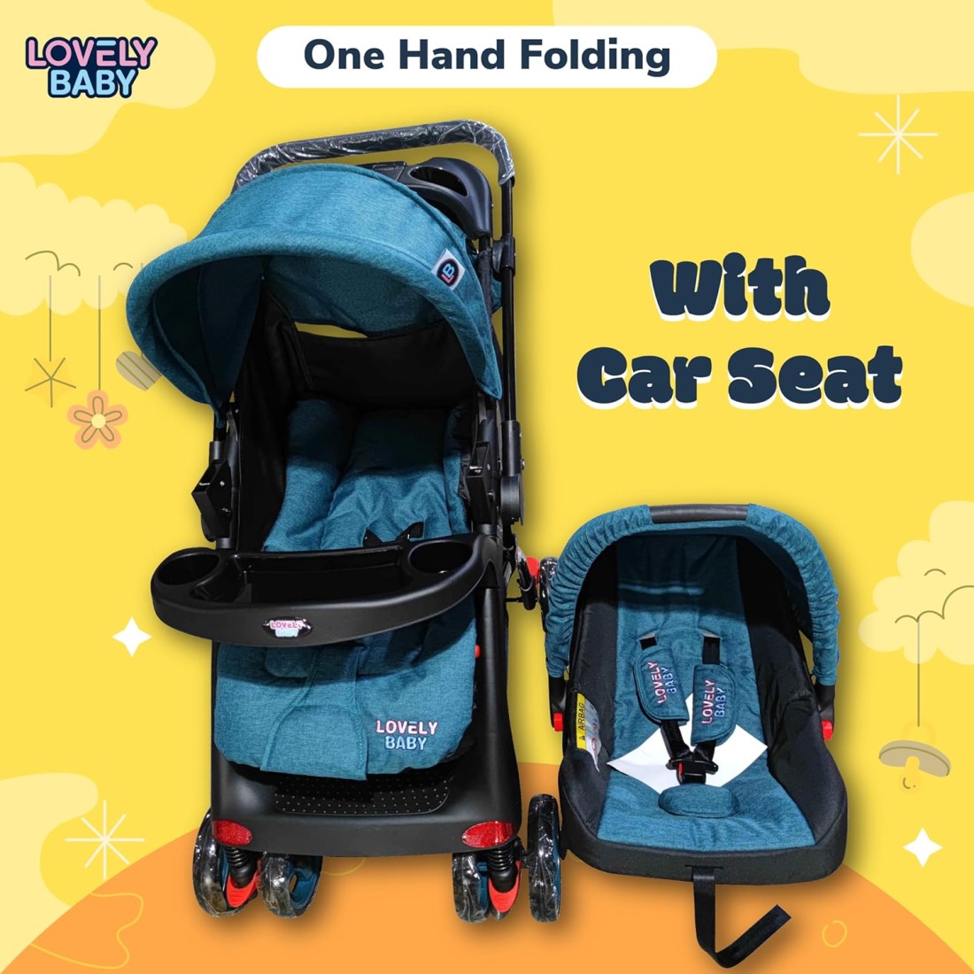 Lovely Baby Pram Baby Stroller For Kids With Car Seat Lb 6622 - Green