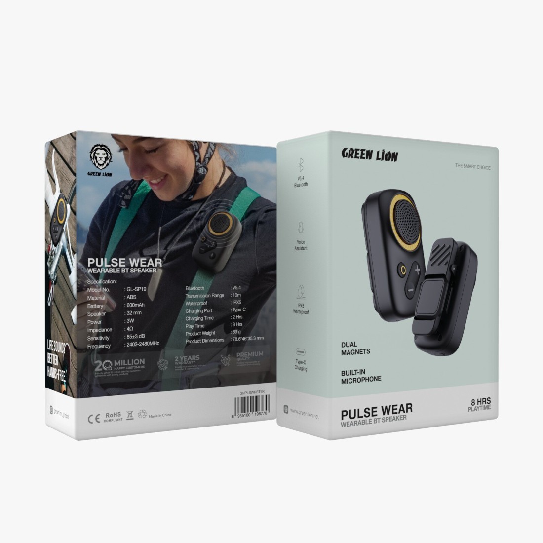 Green Lion Pulse Wearable BT Speaker, 600mAh Battery, 3W Power, Voice Assistant, Dual Magnet, IPX5 Waterproof, 32mm Speaker, 8H Playtime, Type-C Charging - Black
