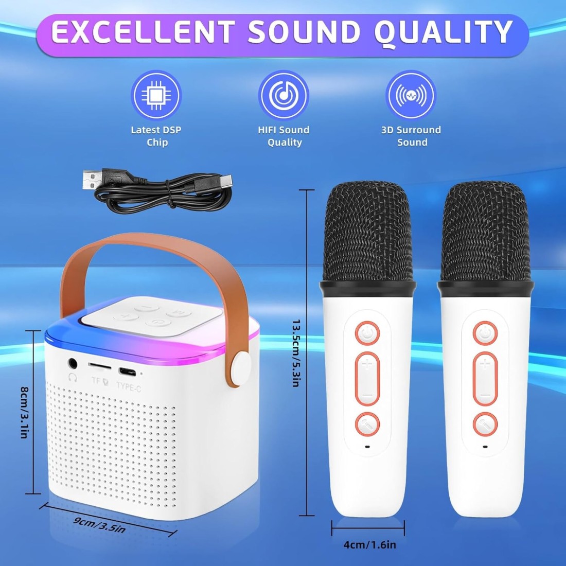 Portable Bluetooth PA Speaker System with 2 Wireless Microphones, 20W Singing Machine for Adults and Kids, Karaoke Speaker with Echo Effects