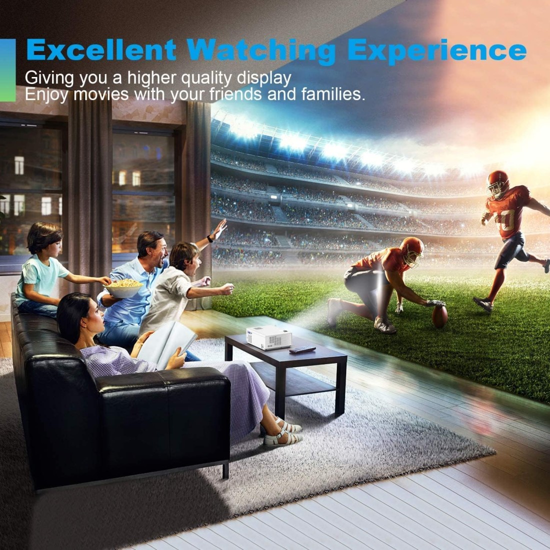 FunLites &nbsp; Bluetooth 1080P Projector,+80% Brightness Video Projector with 200&quot; Display 60,000 Hrs Led Home Theater Projector,Native 1080P Compatible with Fire TV Stick,PS4, HDMI, VGA, AV and USB