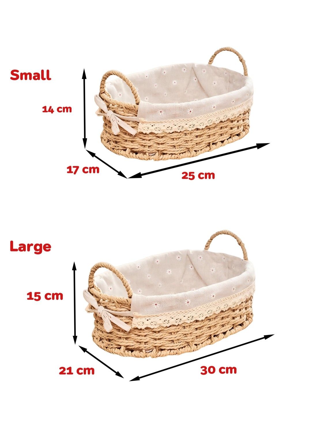 Set of 2 Eco-Friendly Oval Handwoven Storage Baskets with Handles, Durable Woven Bins with Sturdy Frame and Removable Liners for Home Organization in Living Room, Bedroom, Bathroom and Nursery-Beige