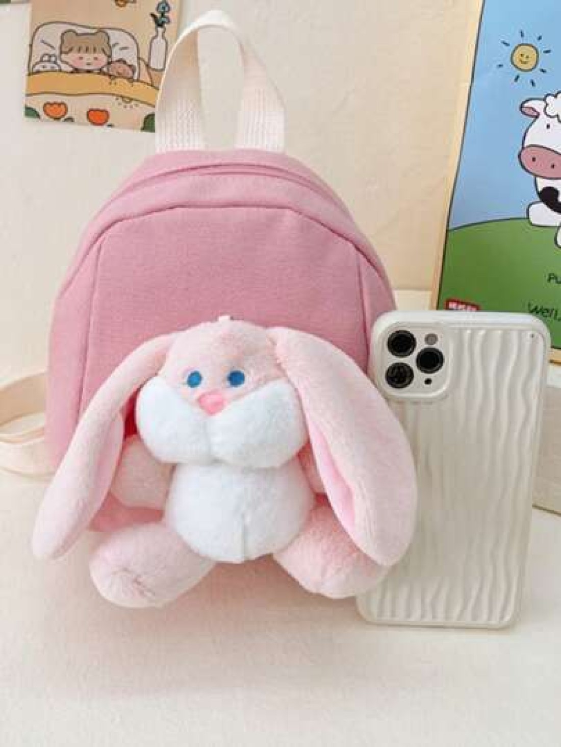 1pc Girls Mini Plush Cartoon Rabbit Candy Color Cute Backpack Suitable For Kindergarten Outings And Daily Use