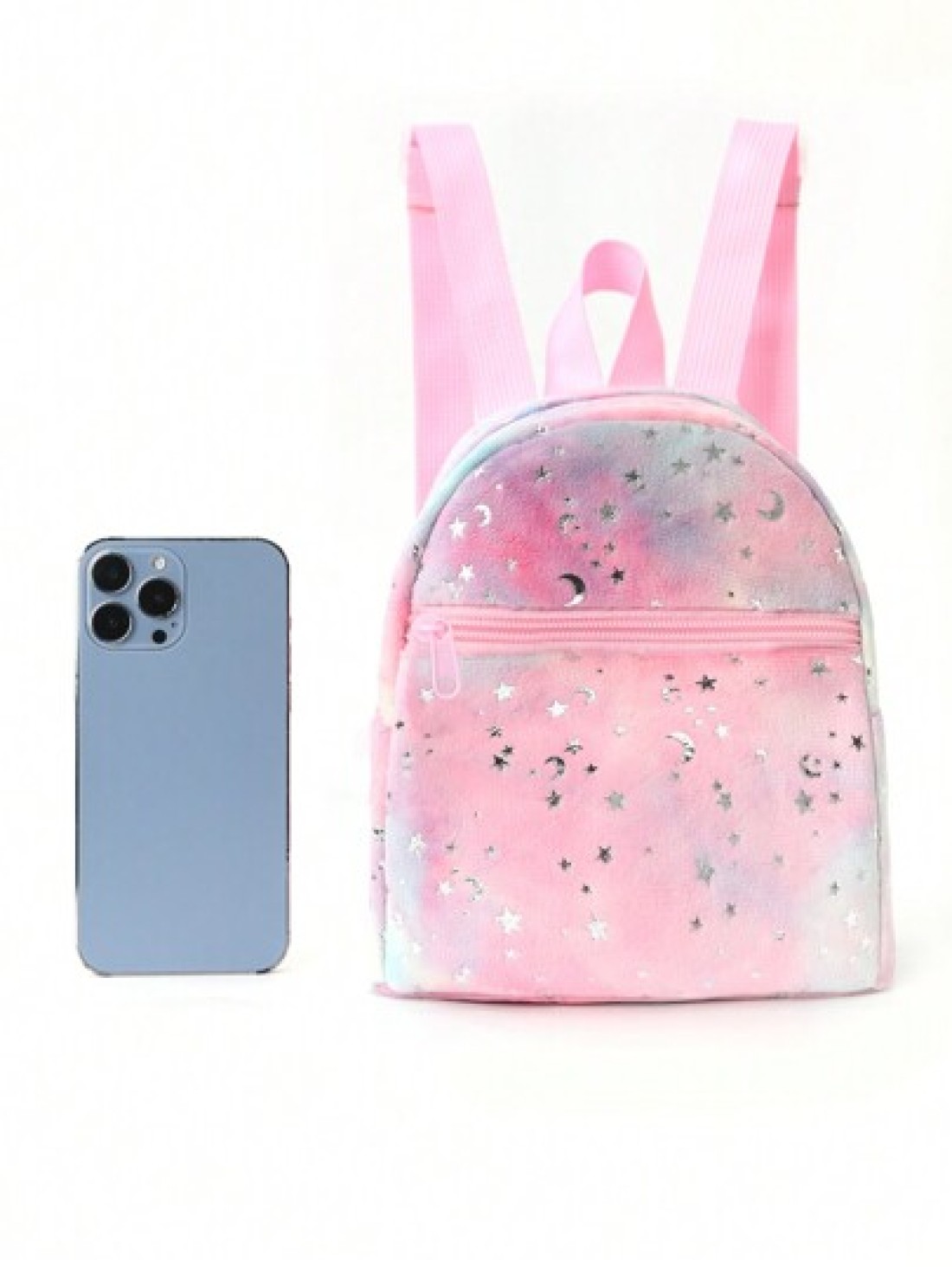 1 Pc Winter New Style Children Girls Mini Cute Stars Moon Printed Soft Plush Adjustable Backpack Suitable For Outdoor Travel Daily Use Holiday Gift School Primary School Students