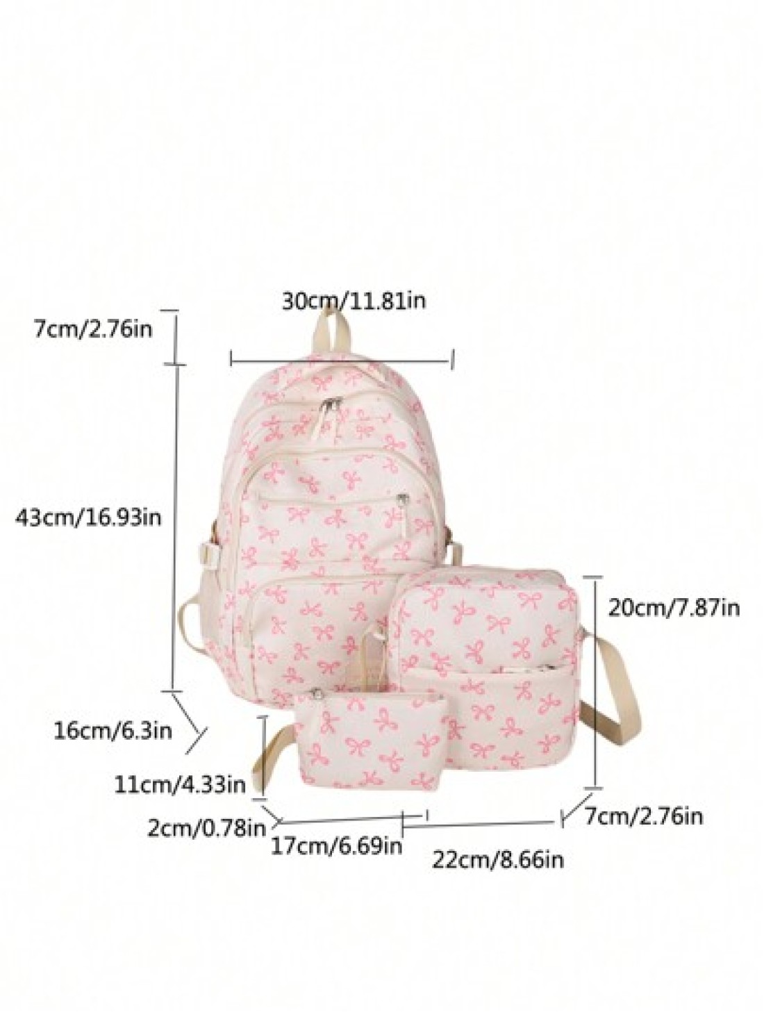 3pcs Nylon Bow Print Backpack Set Foldable Multi Pocket Large Capacity Water Resistant Zipper Backpack Suitable For High School College Students Ladies Daily Use Commuting Traveling Gifts For Valentin