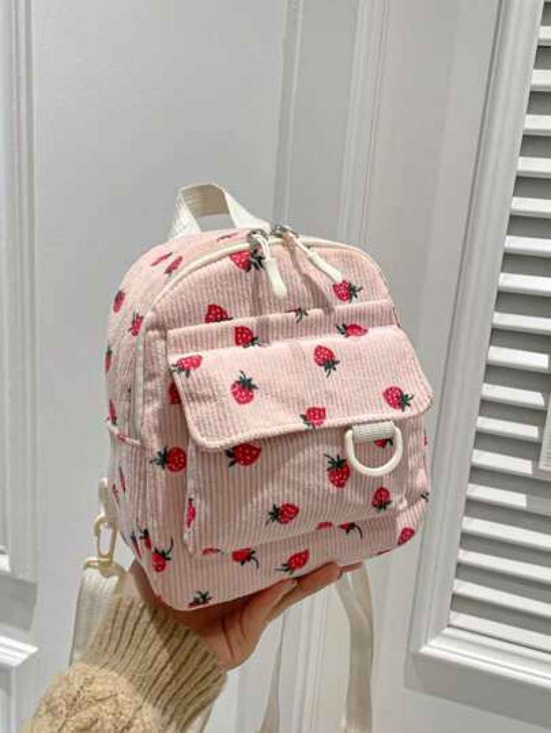 1 Piece Closed Fashionable Japanese Corduroy Stripes Small Fresh College Style Strawberry Pattern Backpack Korean Harajuku Print Small Backpack Suitable For All Occasions Comfortable And Adjustable Sh