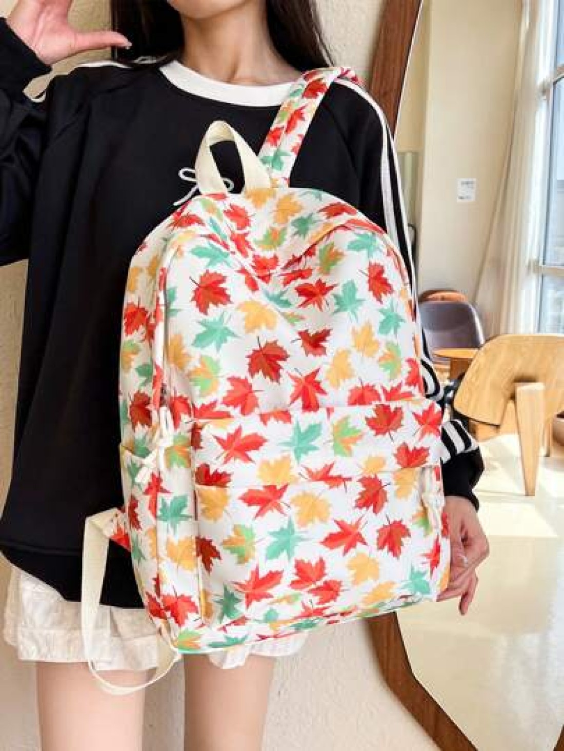 1 Pc Casual Maple Leaf Print Double Shoulder Backpack Zipper Closure Adjustable Straps School Bag Lightweight Student Bag Casual Daypack Large Capacity Backpack With Laptop Compartment Bookbag For Stu