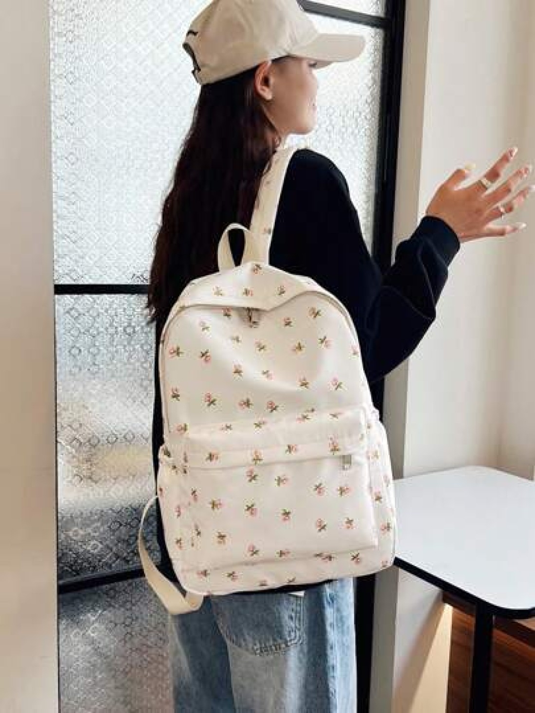 1pc White Nylon Floral Print Dual Zipper Large Capacity Fashionable Versatile Backpack Student Bag