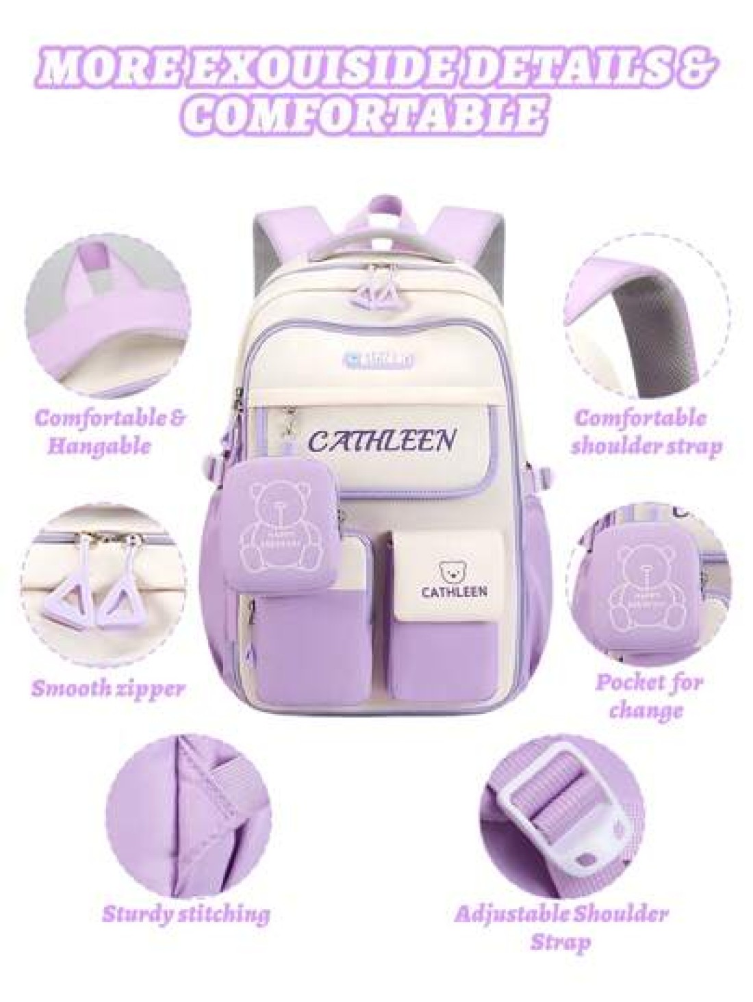 1pc Large Capacity Multi Pocket School Backpack For Girls Cartoon Bear Purple Backpack Outdoor Travel Bag With Coin Pocket Padded Shoulder Strap Fashion Versatile Polyester Suitable For Teenage Girls