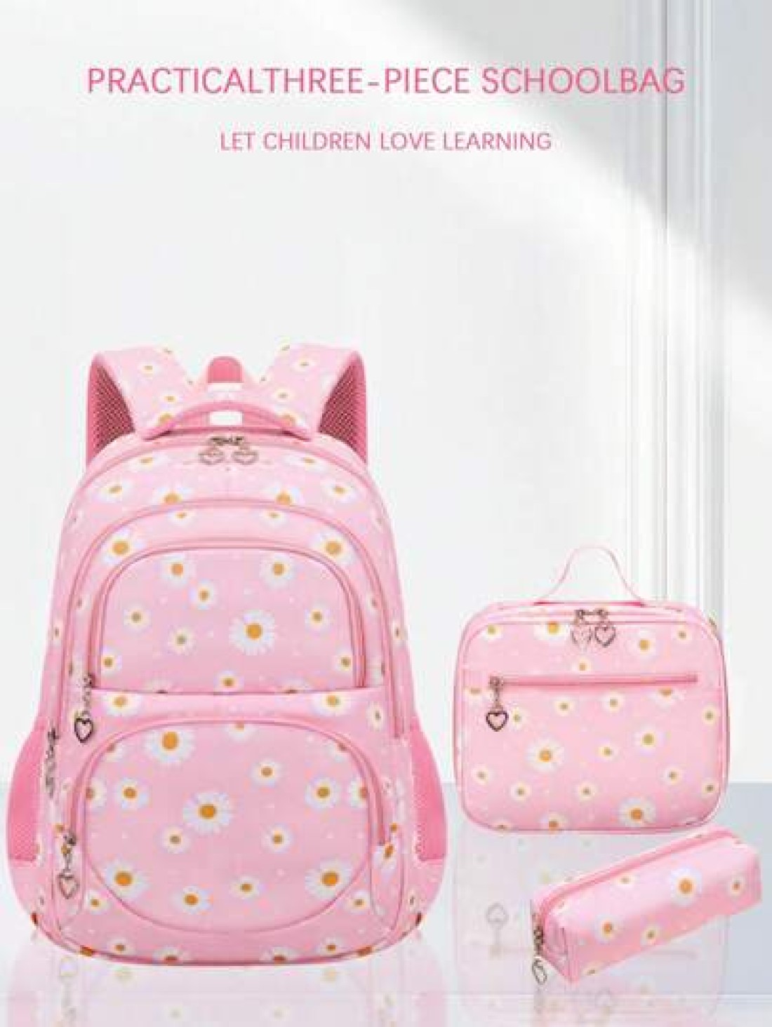 3pcs Set Backpack Set With Daisy Flower Pattern Suitable For Students School Backpack Lunch Bag Pencil Case Backpack