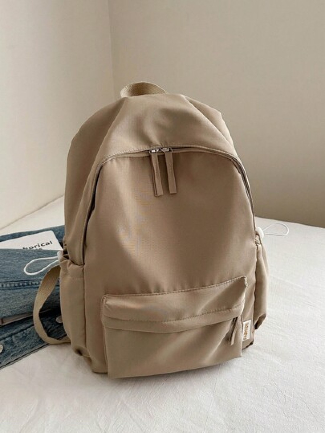 1pc Teens Simple Zipper Closure Backpack Fashion Versatile Solid Color School Bag Suitable For Daily Use