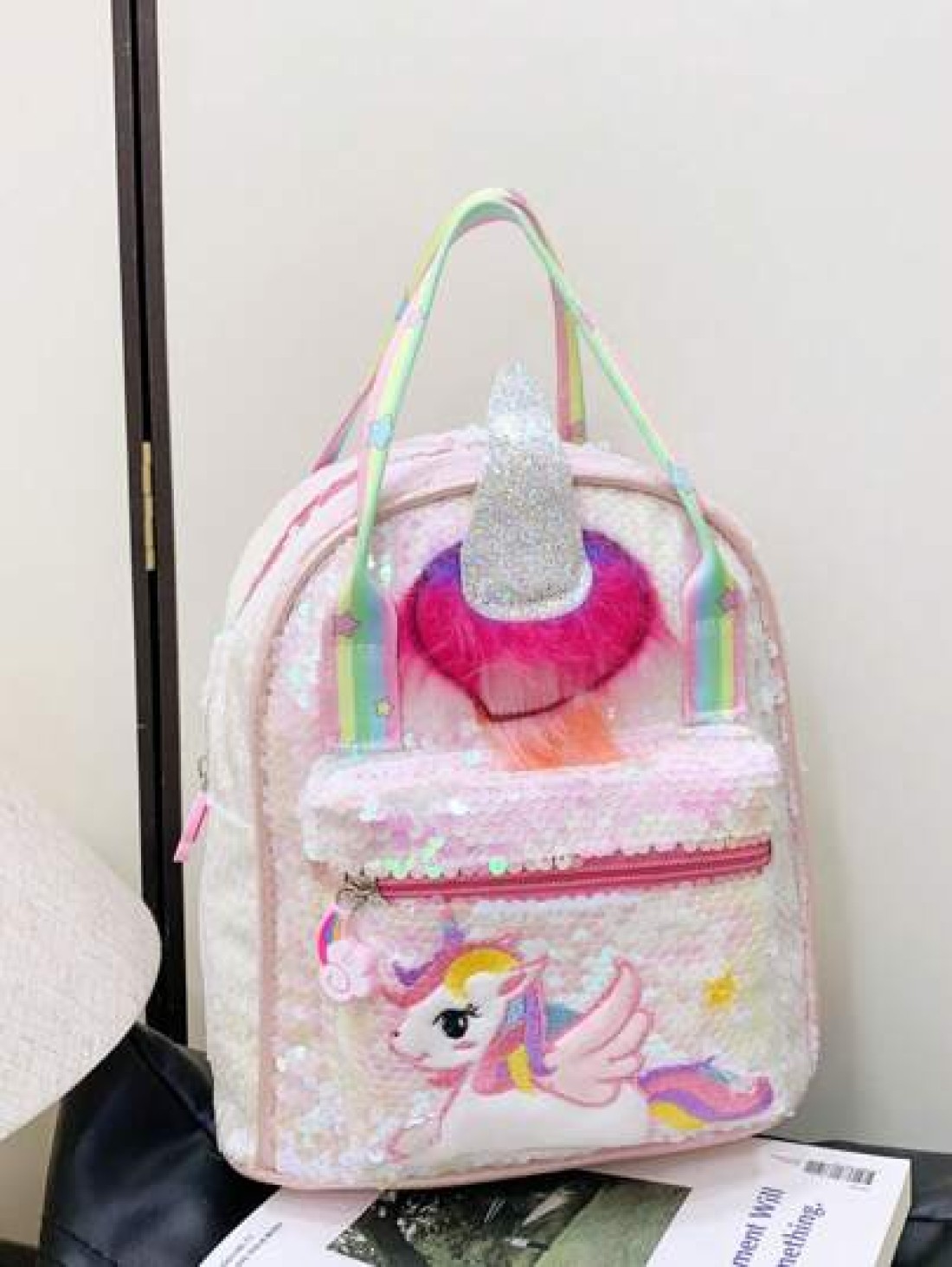 1 Pc New Sequined Material Cute Cartoon Pony Solid Color Girl Backpack Can Be Carried On One Shoulder Smooth Zipper Opening And Closing Sweet And Exquisite Elegant And Stylish Suitable For School Trav