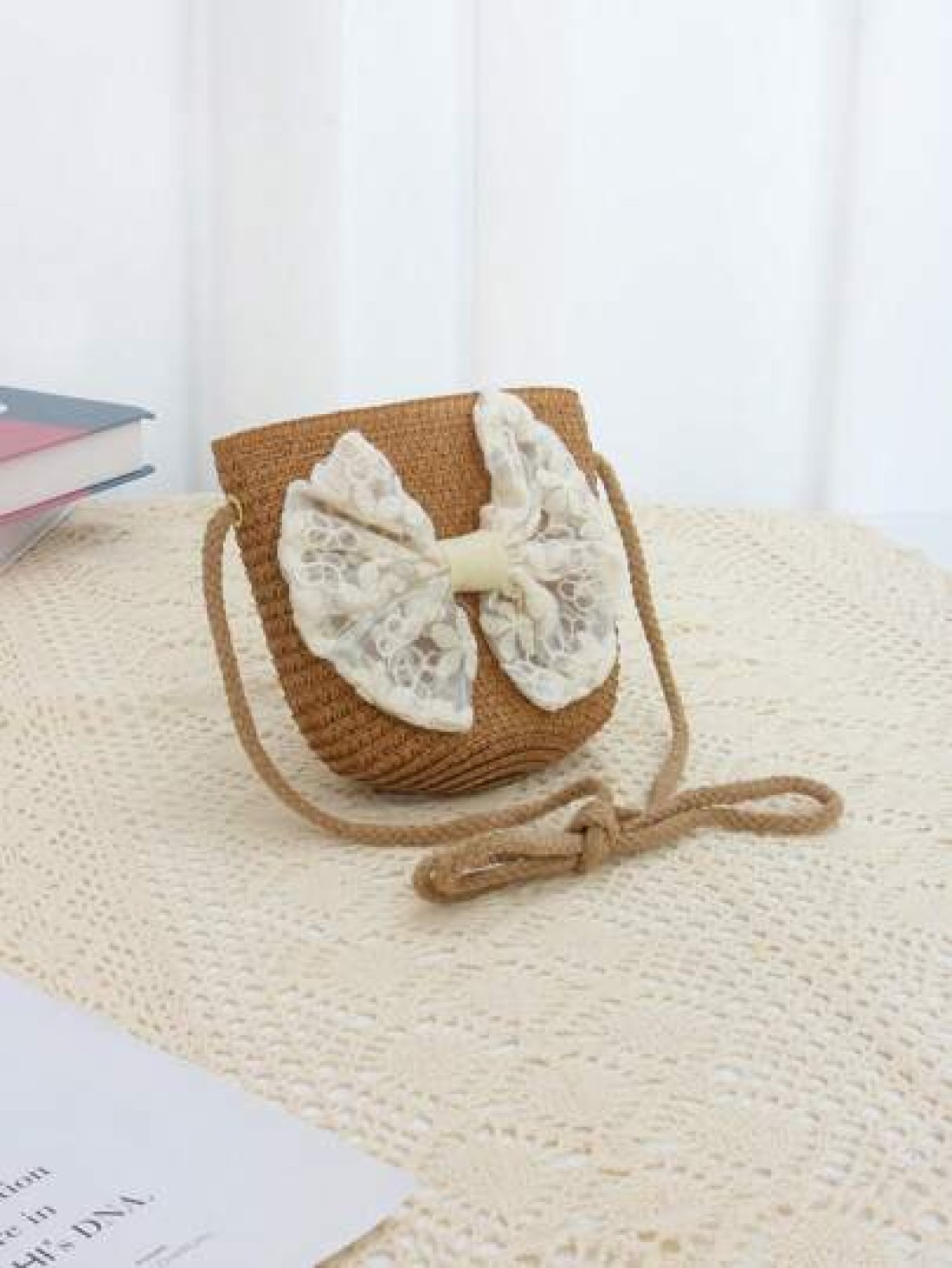 1pc Kids Cute Ribbon Bow Straw Crossbody Bag Princess Style Shoulder Bag Suitable For Daily Outings