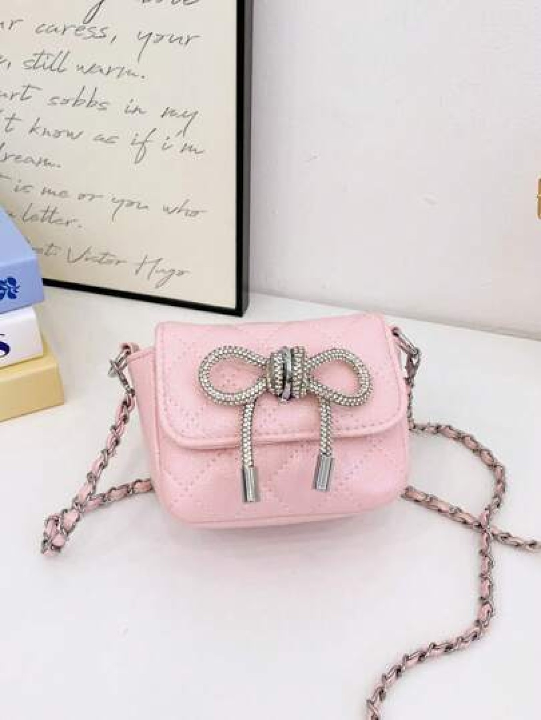 1pc Pu Magnetic Opening And Closing Fashion Sweet Bow Solid Color Diamond Grid Crossbody Mini Square Bag Korean French Exquisite Aesthetic Niche Design Chain Shoulder Crossbody Bag Versatile Casual Hi