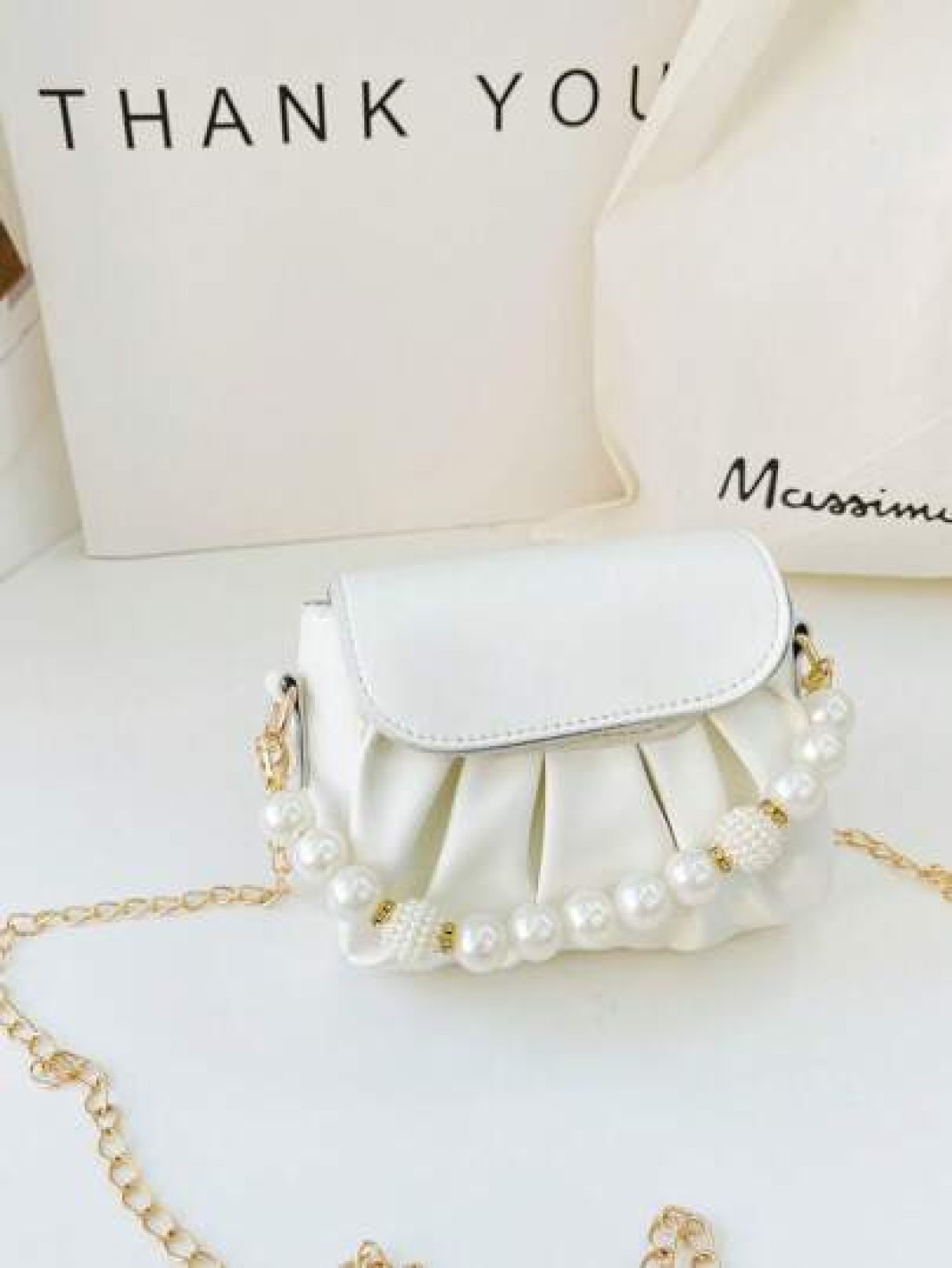 1pc Fashionable Sweet Pearl Chain Shoulder Messenger Bag Fashionable Pleated Underarm Bag Korean Version Of Hand Held Cute Girl Bag Pu Pleated Design Pearl Handbag High Grade Solid Matching Suitable F