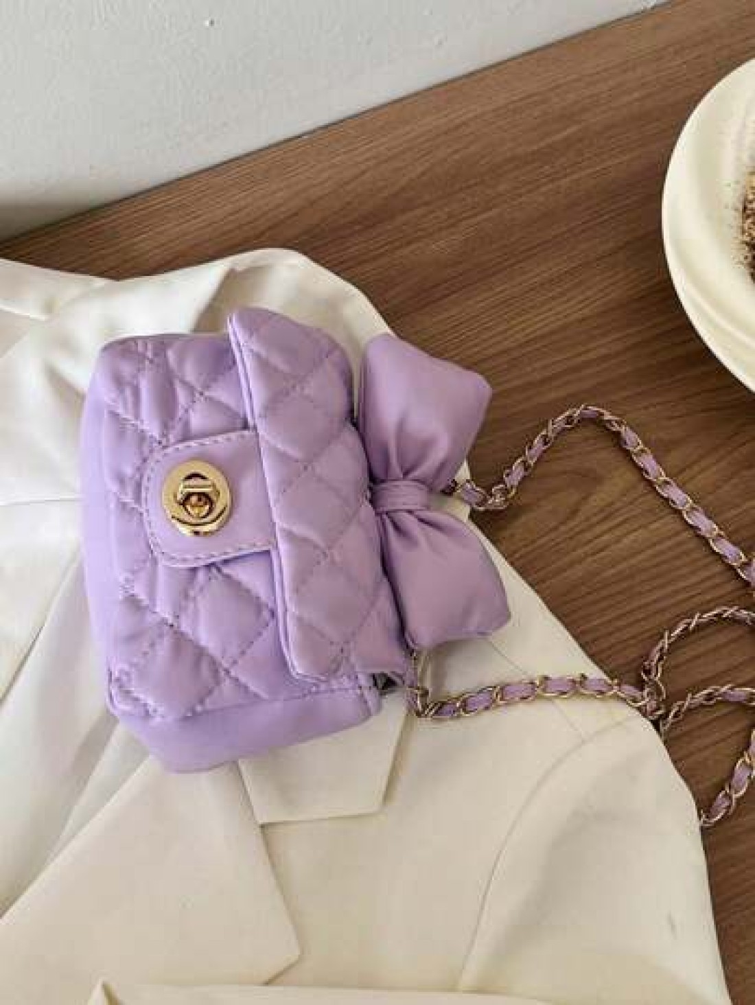 1pc Kids Bow Decor Coin Purse Embroidered Rhombus Mini Bag With Chain Fashionable Girls Crossbody Bag