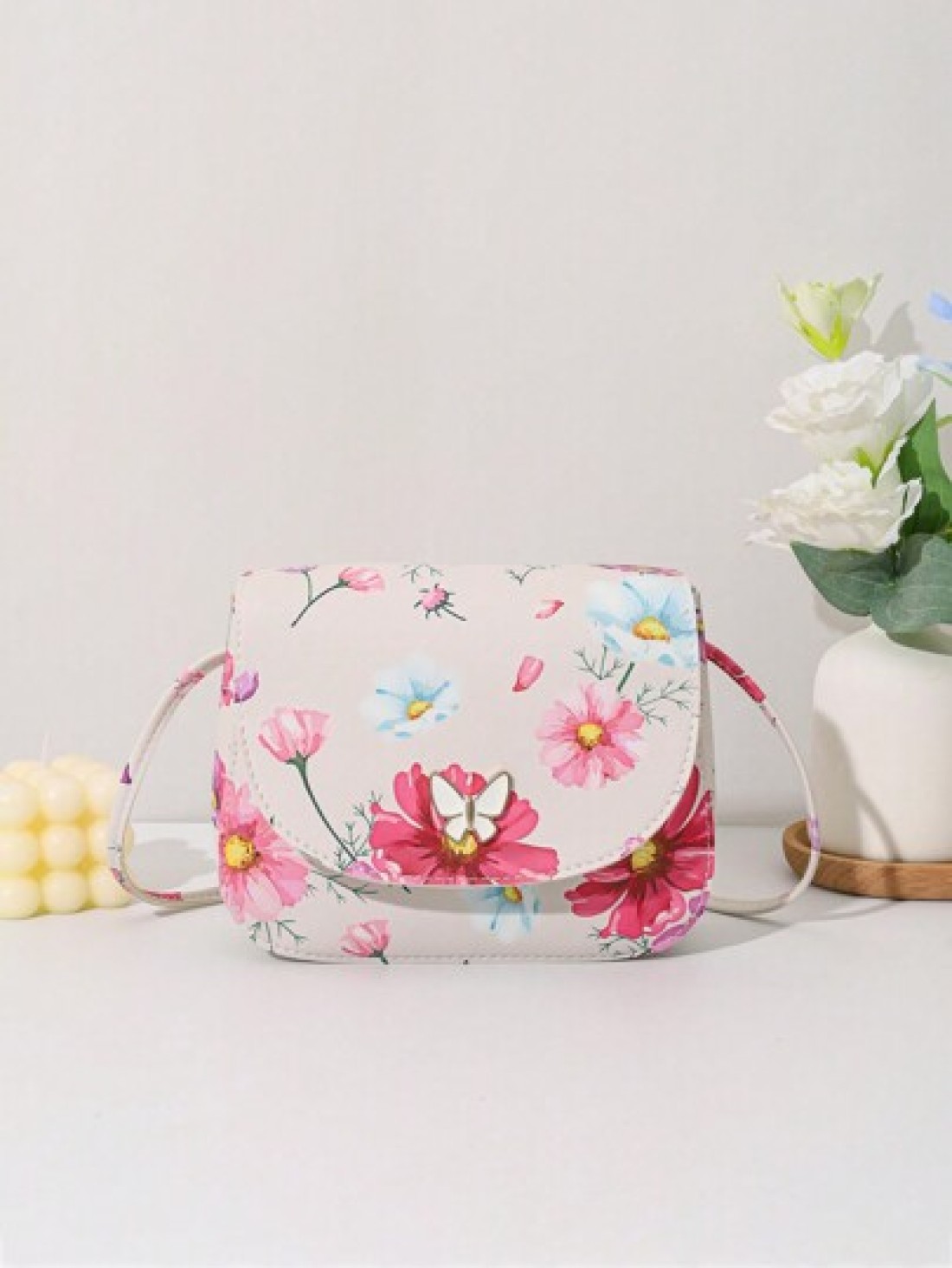 Mini Print Butterfly Decor Metal Accent Shell Crossbody Bag
