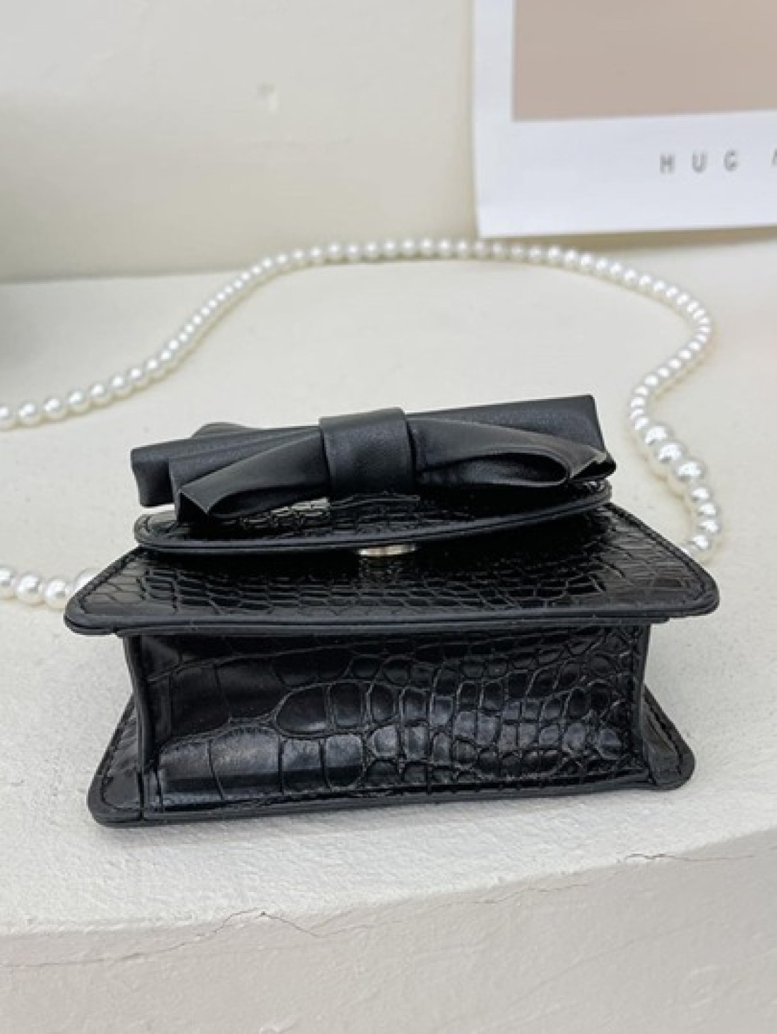 Girls Crocodile Embossed Bow Decor Square Bag