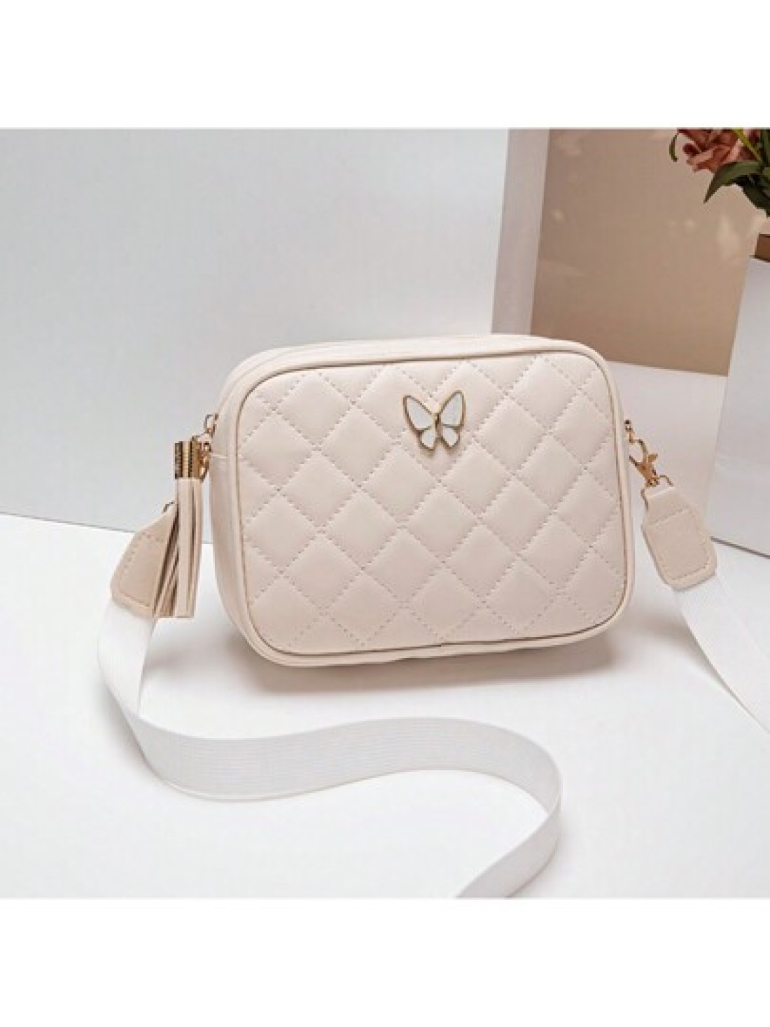 Quilted Square Crossbody Bag Classic Metal Decor Zipper Purse Faux Leather Shoulder Bag