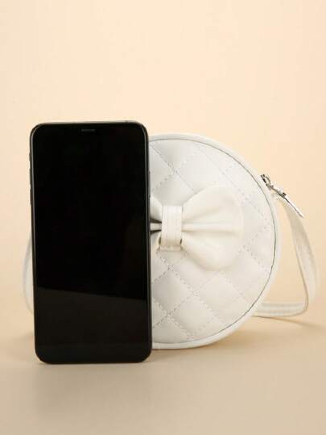 1pc Girl s White PU Shoulder Bag Fashionable Cute Bow Design Small Round Bag With Rhombus Embroidery Fits For Phone And Coins Zippered Closure Suitable For All Seasons