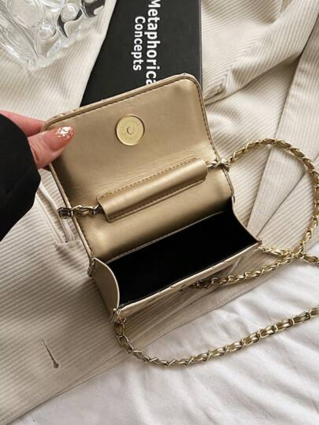 Spring And Summer Simple And Versatile High End Texture Rhinestone Embroidered Gold Ball Chain Strap Can Be Worn Over Shoulder Armpit Mini Bag