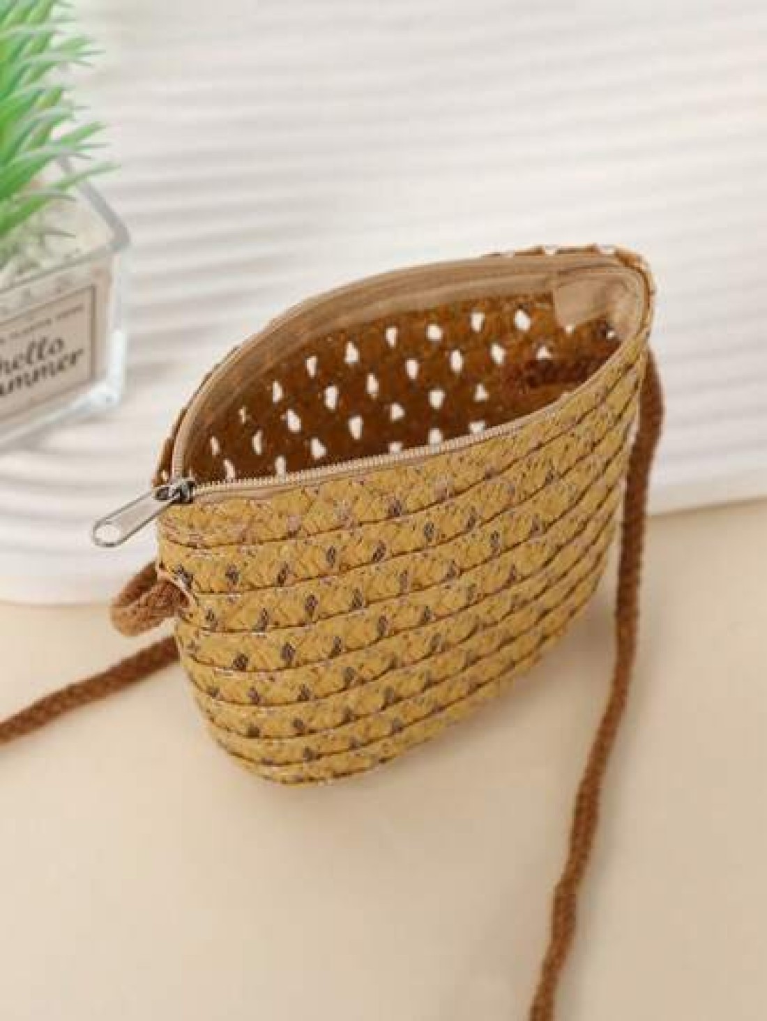 1pc Mini Lightweight Cute Woven Straw Crossbody Bag For Kids Suitable For Outdoor Beach Travel