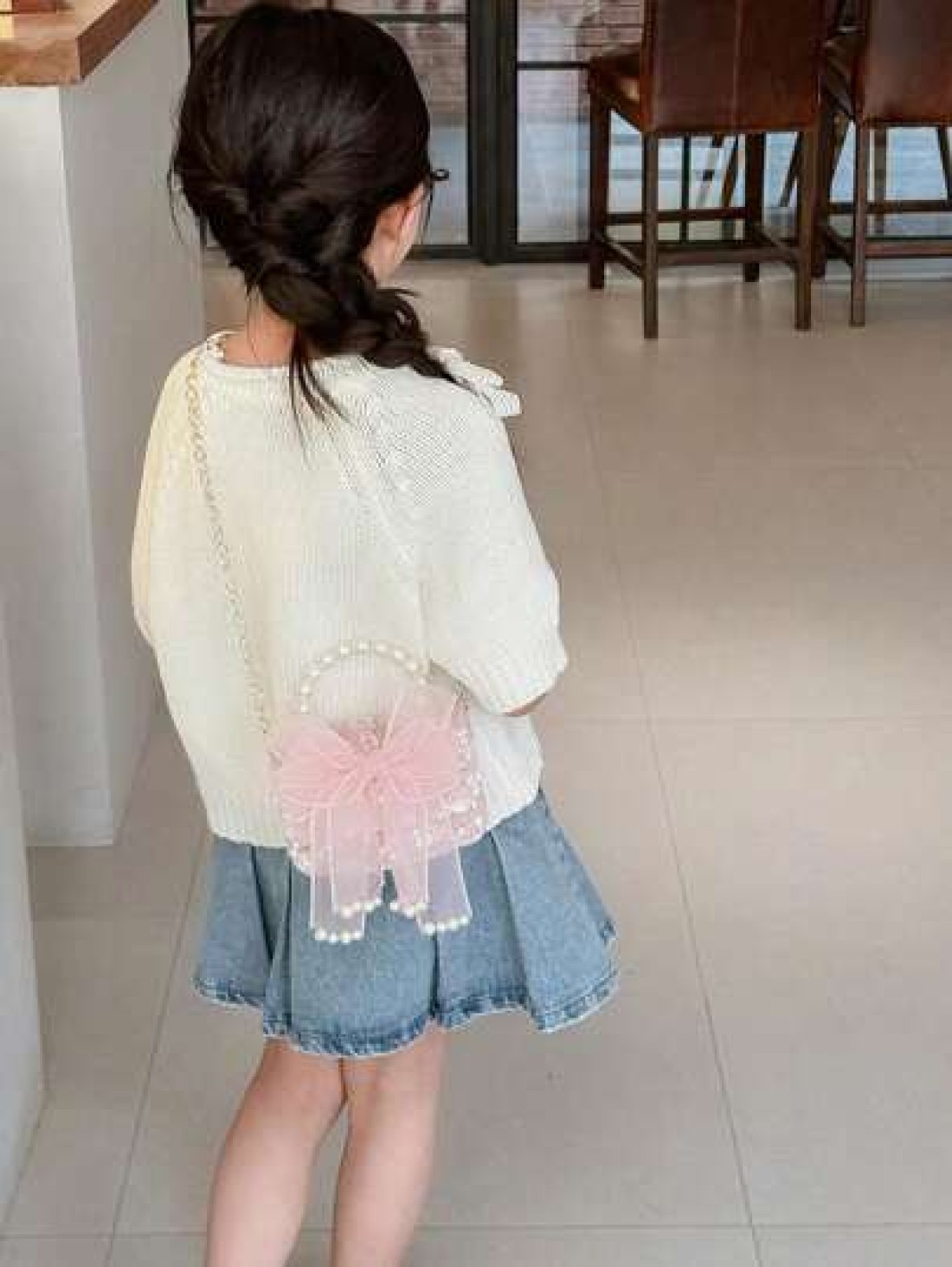 1pc Girls Polyester Cartoon Bow Pattern Crossbody Bag Cute Design For Outdoor Use