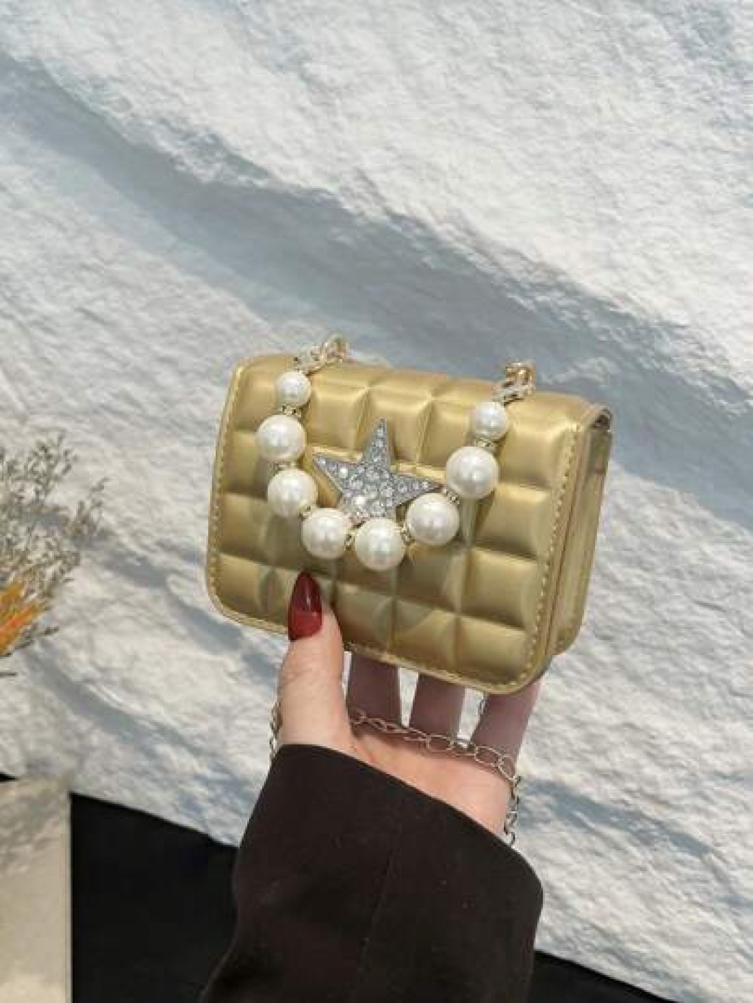 1pc Pu Fashion Simple Sweet Diamond Lattice Pearl Five Pointed Star Hand Held Evening Party Square Bag Niche Design Chain Shoulder Strap Comfortable And Versatile One Shoulder Crossbody Smooth And Not