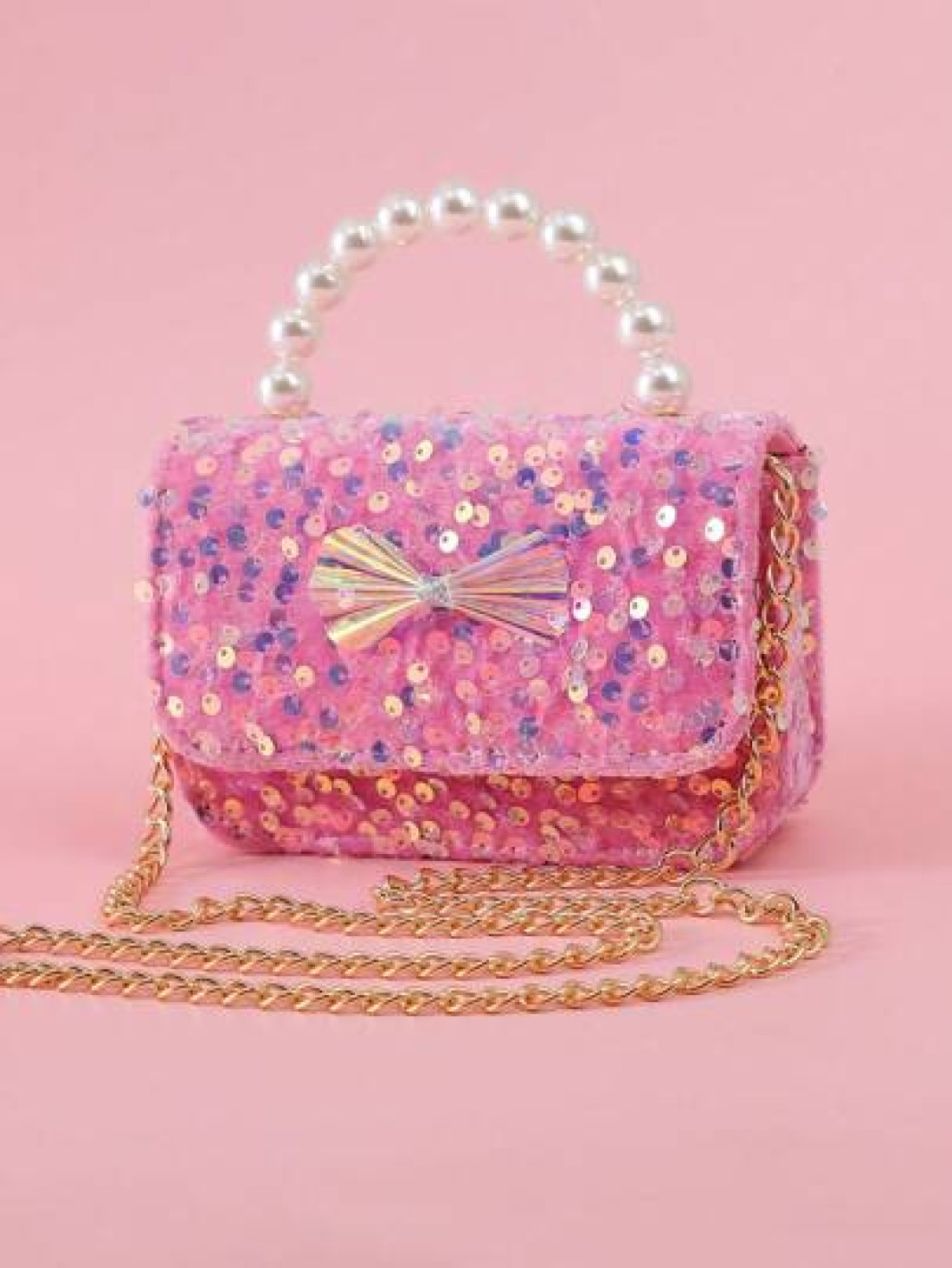 1pc Kids Sparkling Sequin Bow Decor PU Beaded Material Flap Closure Metal Chain Shoulder Strap Cute Beaded Handbag For Girls Sweet Shoulder Crossbody Bag For Snacks Coins Suitable For Christmas Birthd