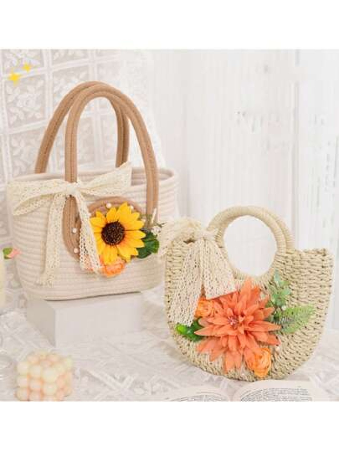 1pc Straw Bag With Faux Flower Half Moon Shaped Women Handbag Woven Crossbody Small Bag Beach Bag